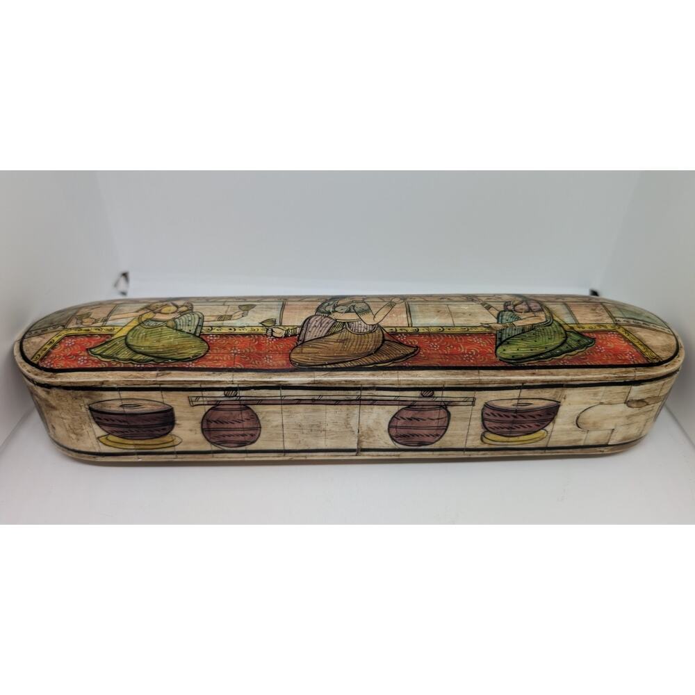Vintage Indian Camel Bone Pen/Pencil Box Storage Hand Painted Female Figures